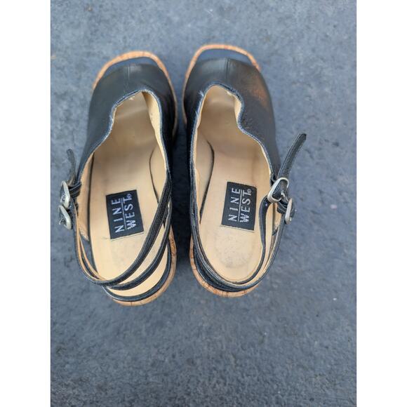 Nine West Womens Black Leather Slingback Platform Wedge Sandals Sz 7.5 B Cork - Picture 8 of 9